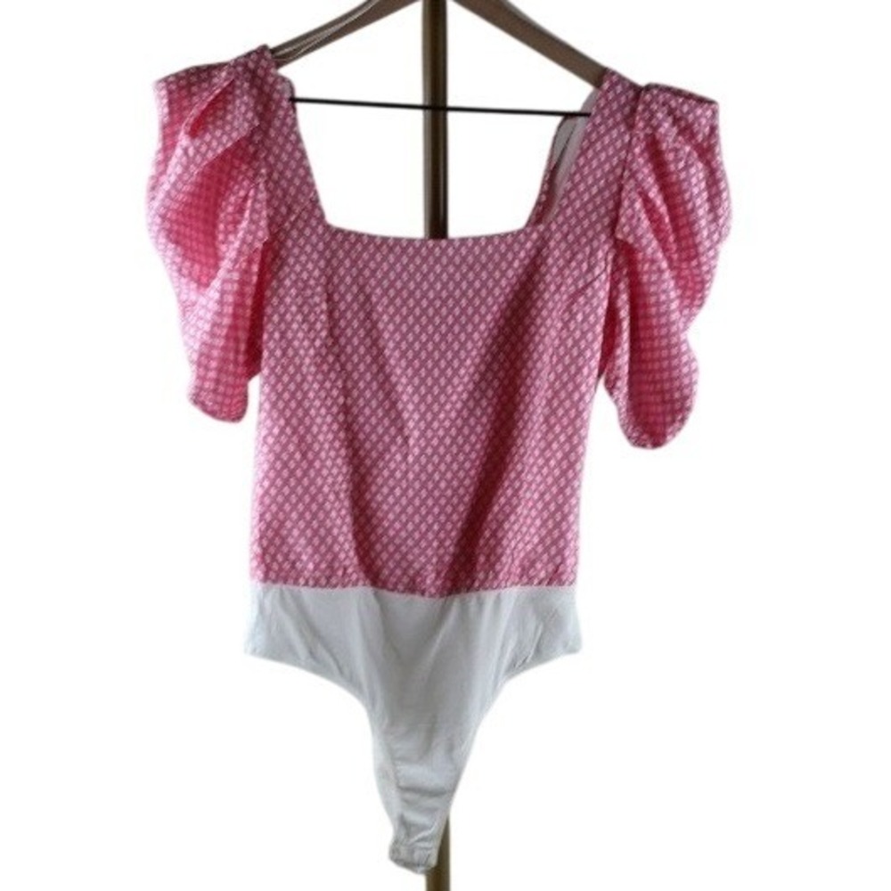 TCEC by Tartan Pink White Geometric Puff Sleeve Square Neck Bodysuit Small NWT